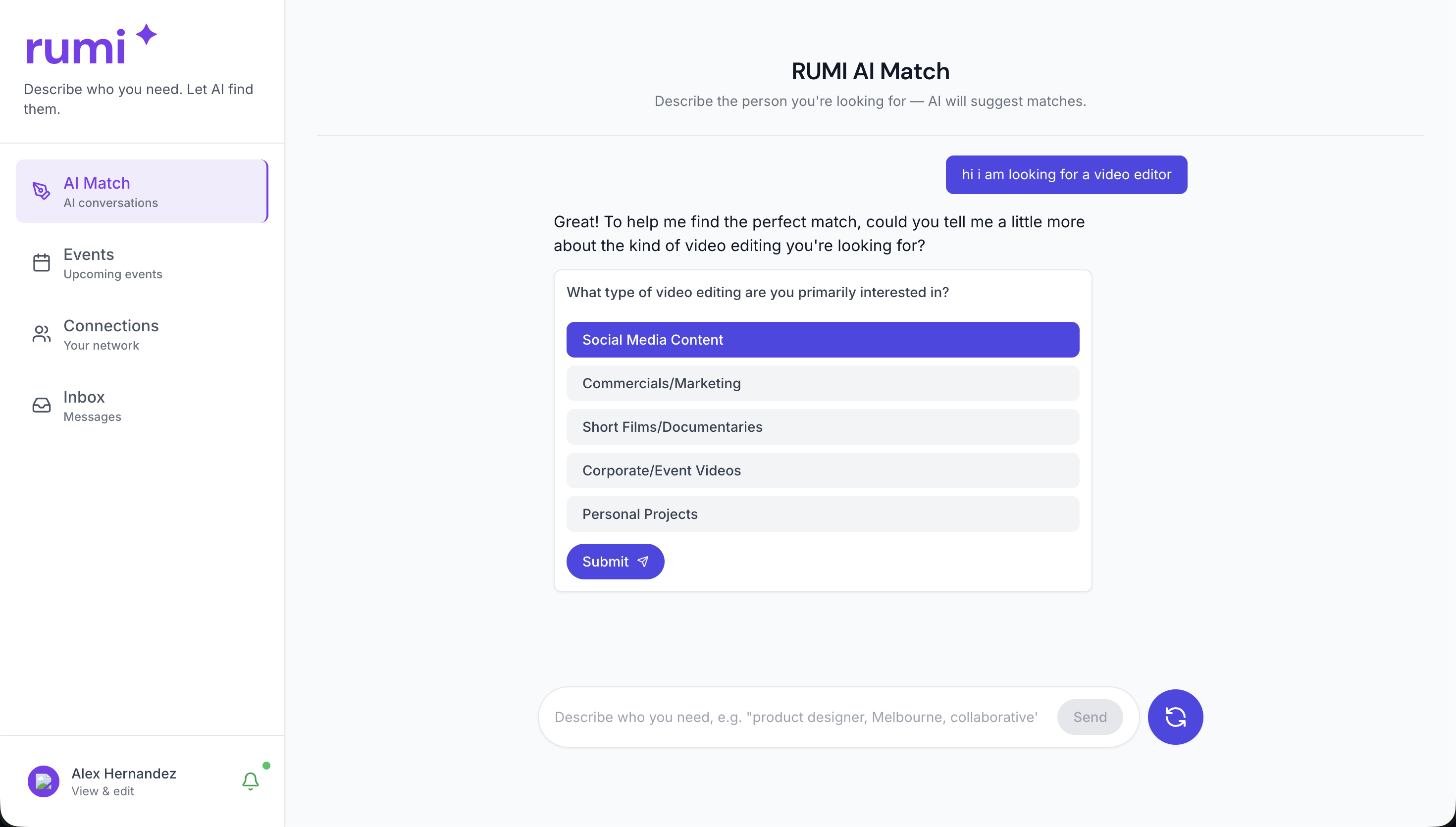 RUMI AI Match chat suggesting a candidate