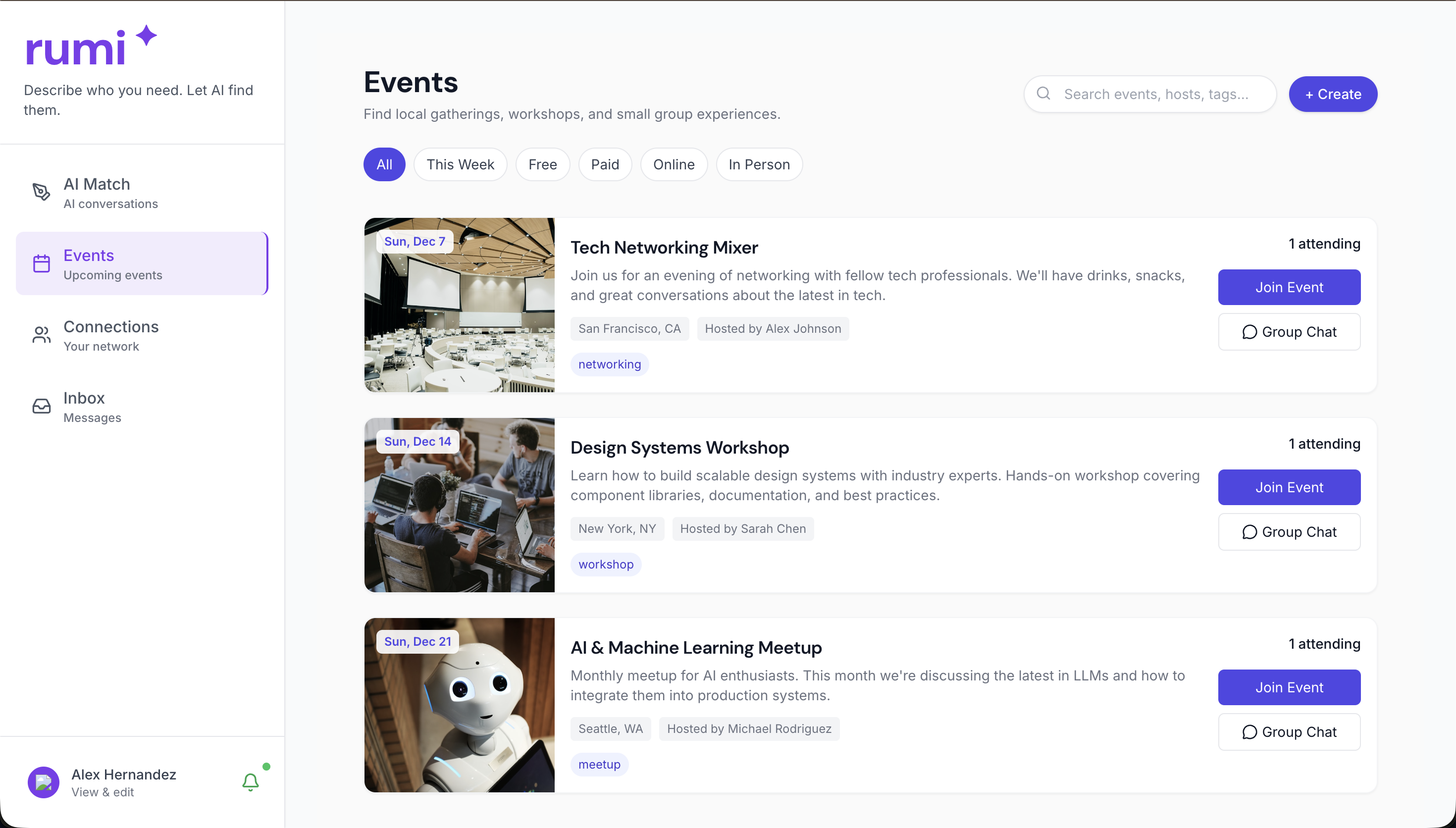 RUMI Events page listing local meetups