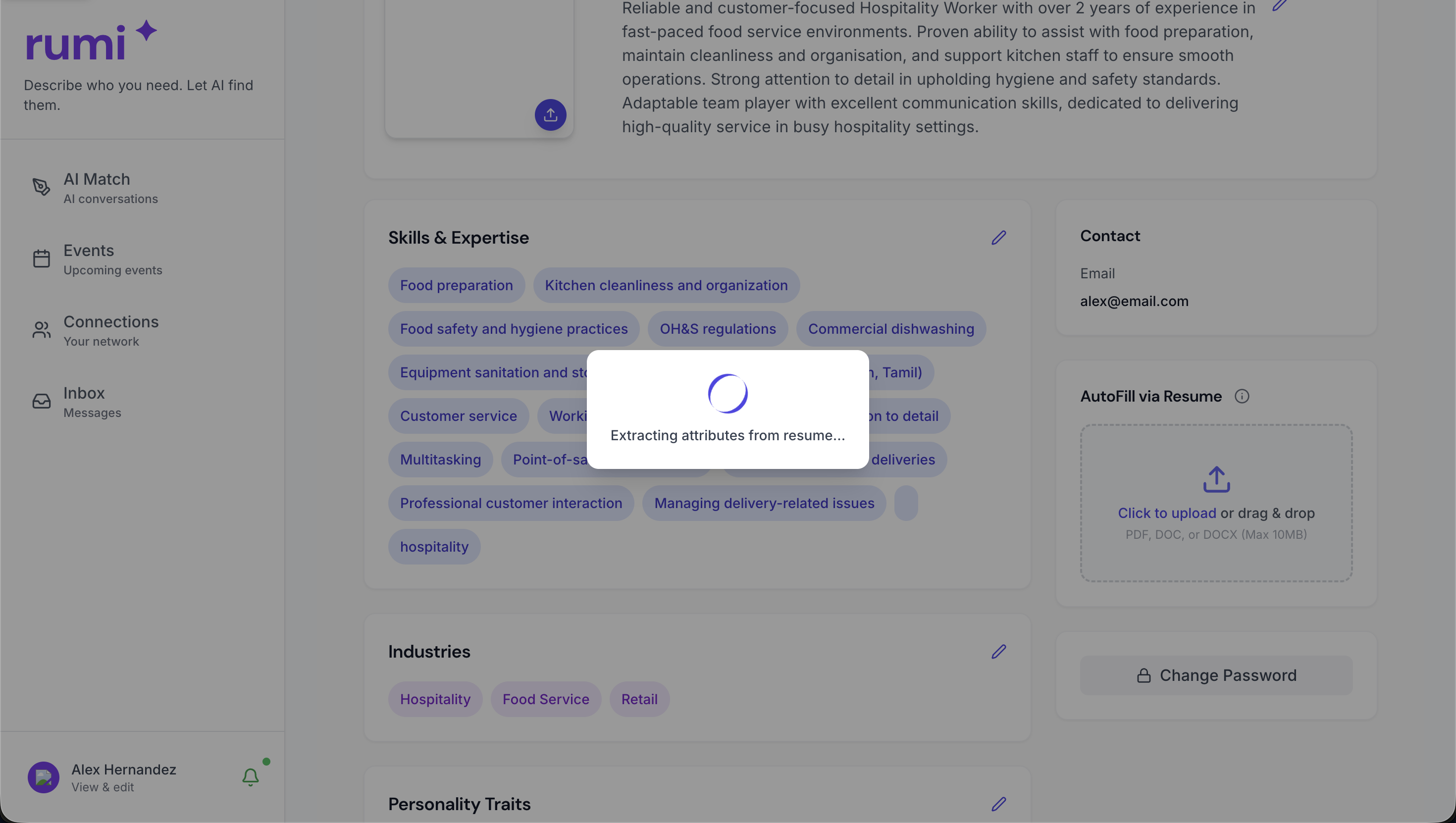 RUMI extracting attributes from an uploaded resume