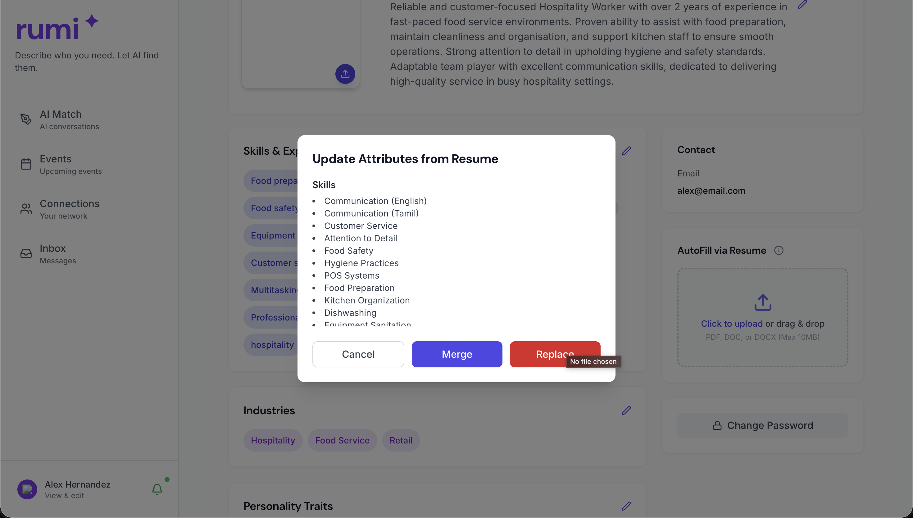 RUMI resume attribute review before merging into a profile