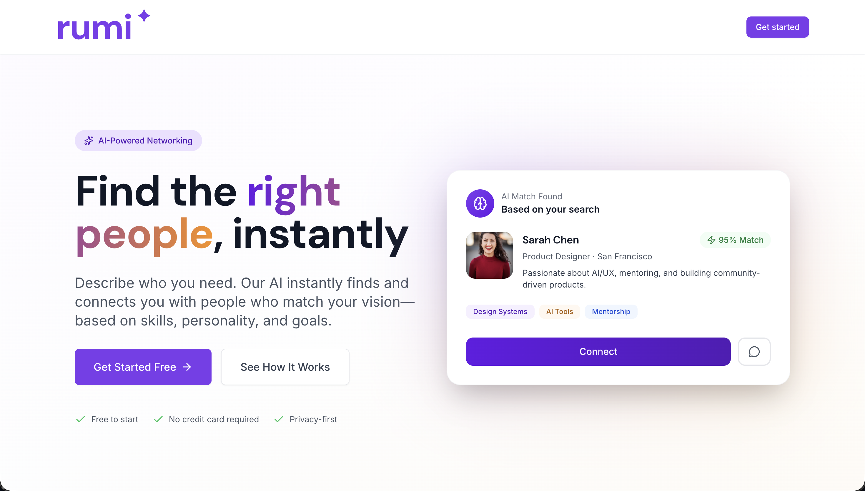 RUMI landing page  find the right people, instantly