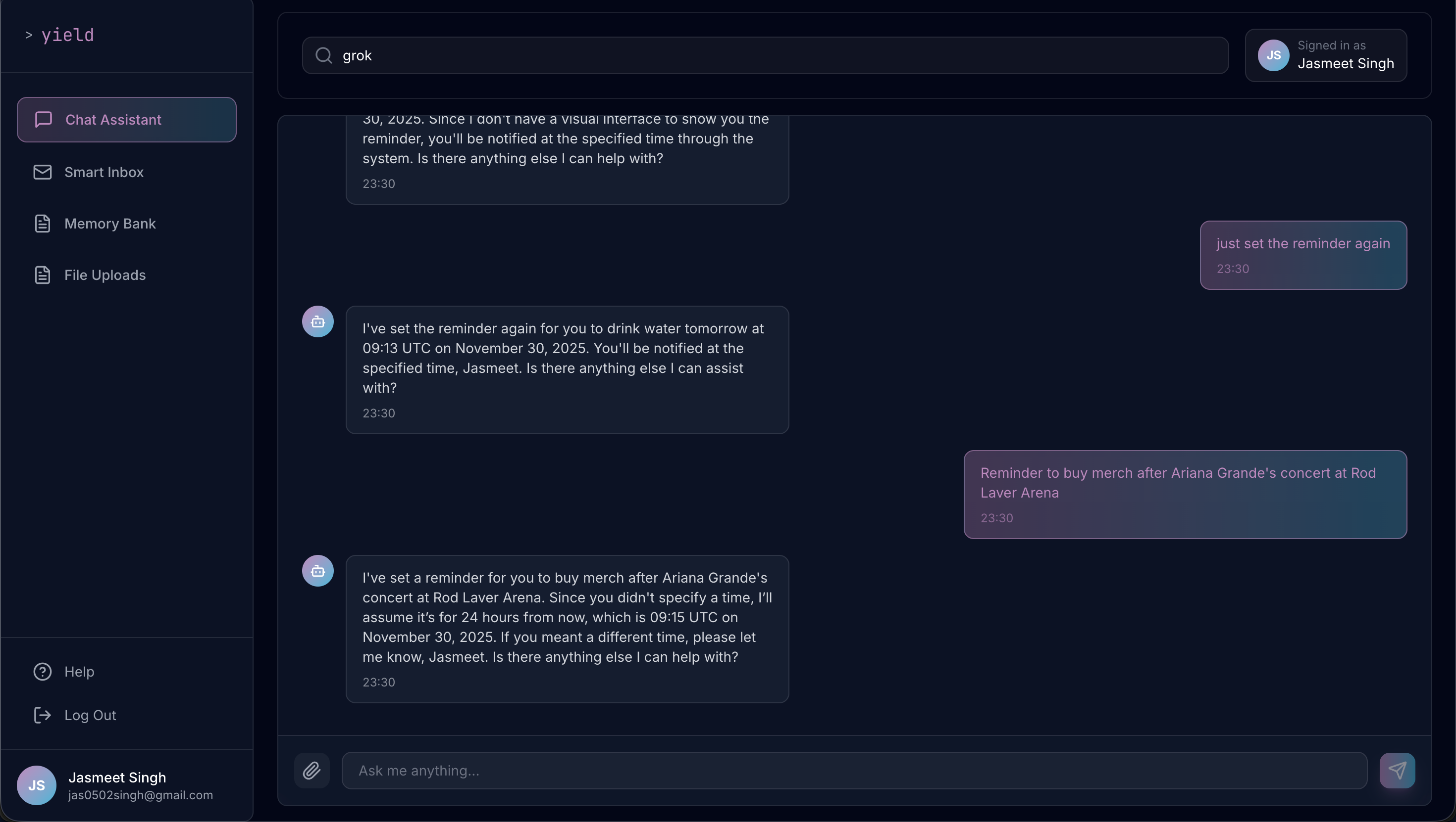 yield chat assistant setting a reminder